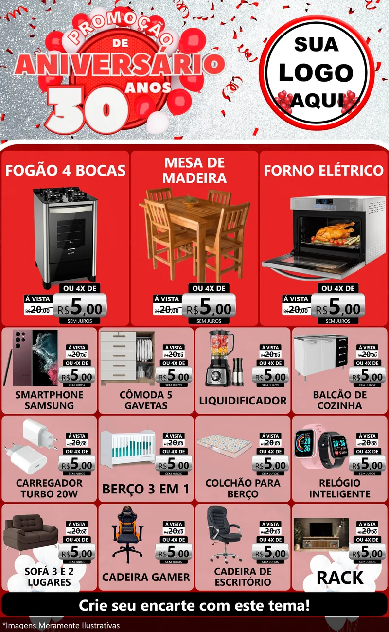 Modelo de Encarte para Encarte Grande com o tema Promoção de Aniversário - 30 Anos para Móveis e Eletro