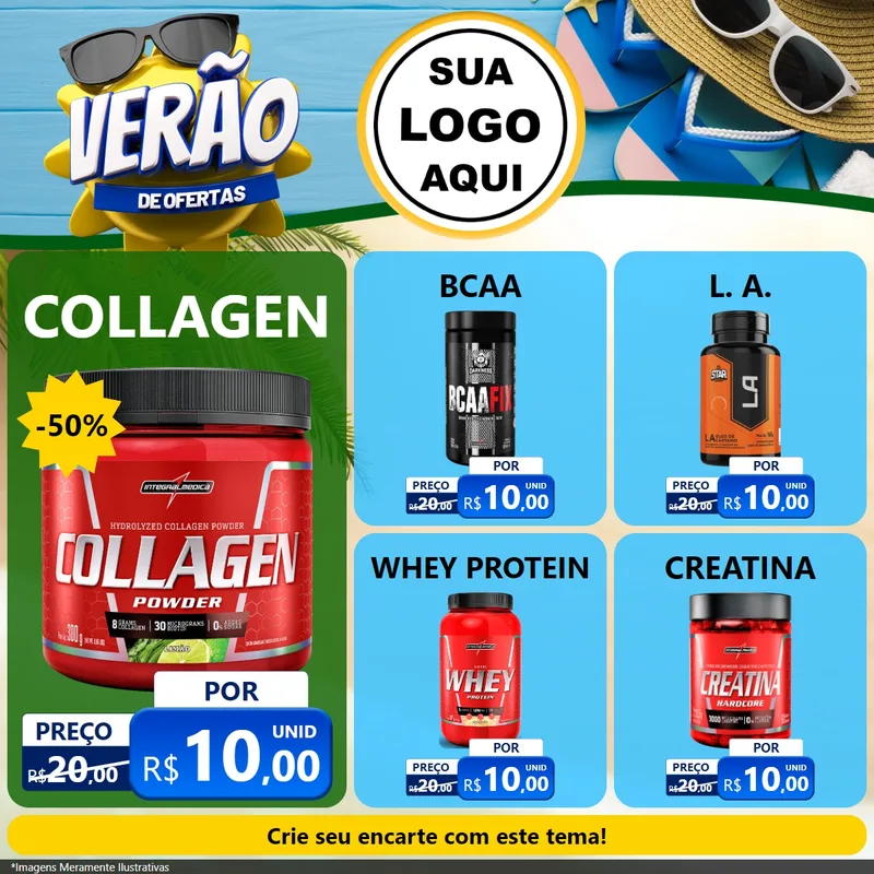 Modelo de Rede Social para Feed Facebook com o tema Verão de Ofertas para Suplementos alimentares