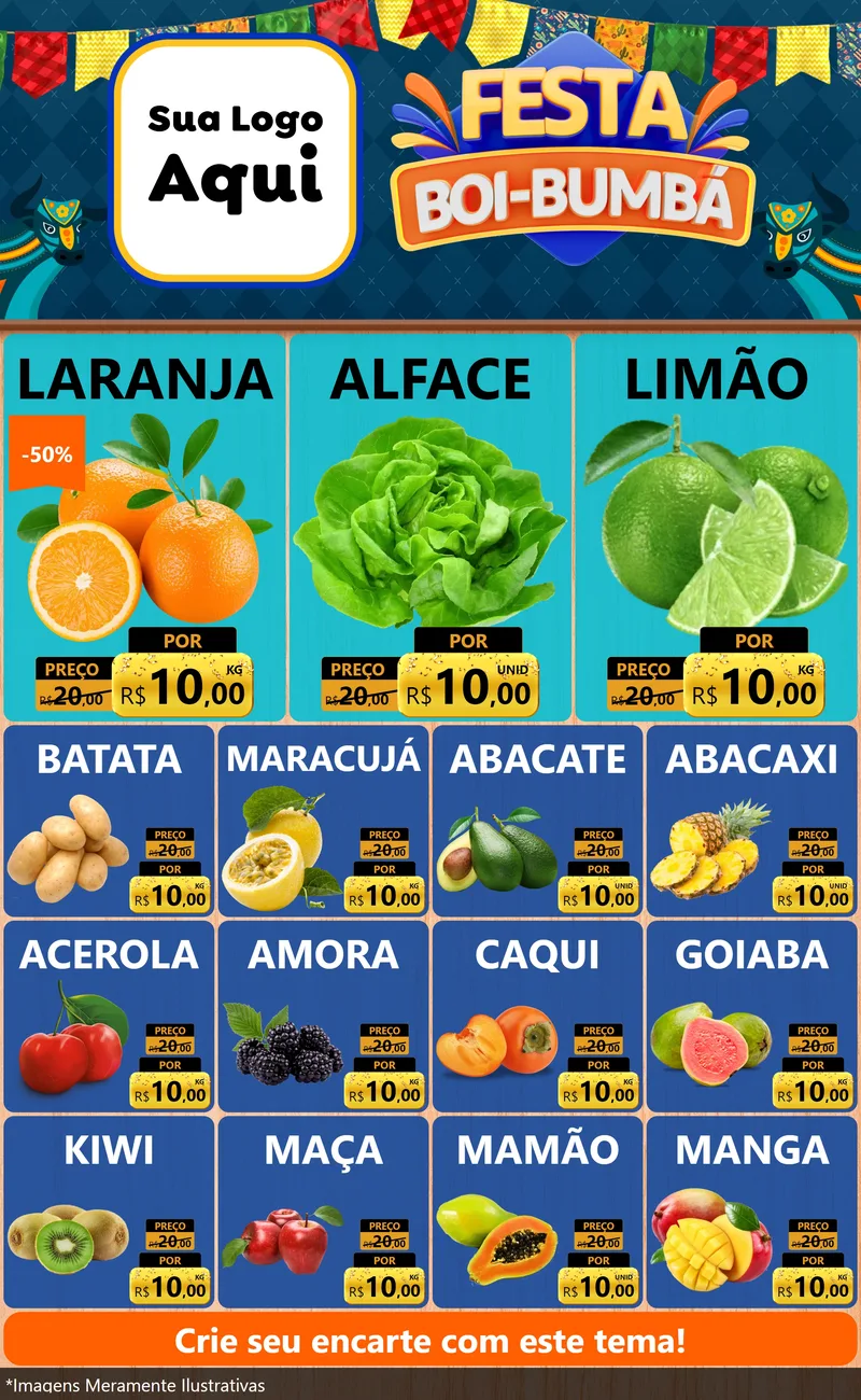 Modelo de Encarte para Encarte Grande com o tema Festa Boi Bumbá para Hortifrúti