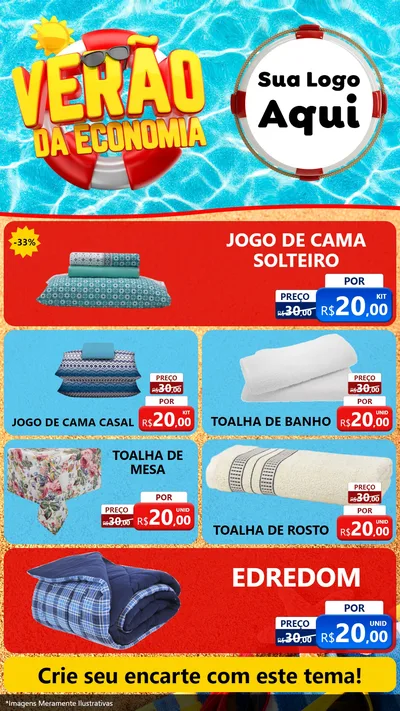 Modelo de TV para TV Vertical com o tema Verão da Economia para Cama, Mesa e Banho