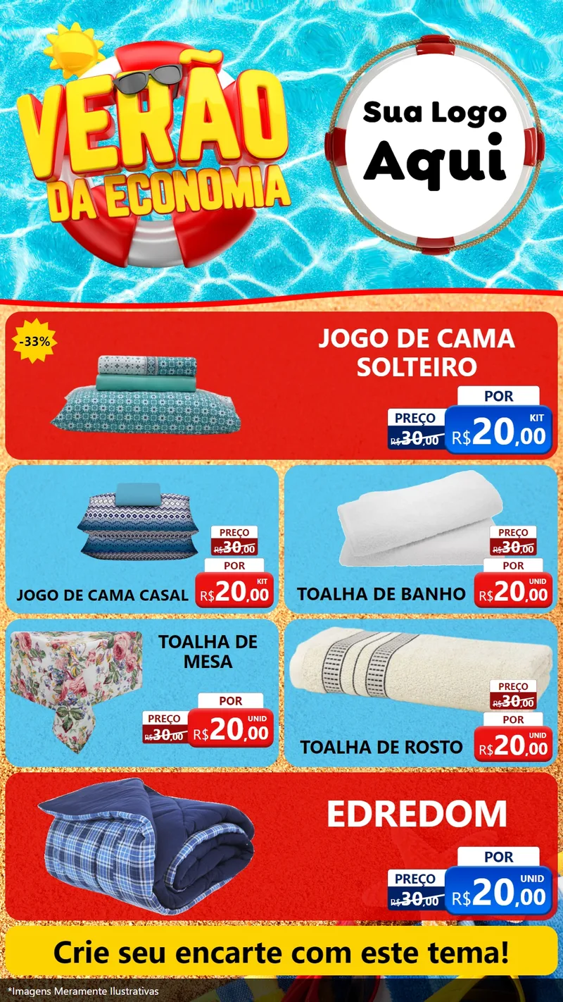 Modelo de TV para TV Vertical com o tema Verão da Economia para Cama, Mesa e Banho