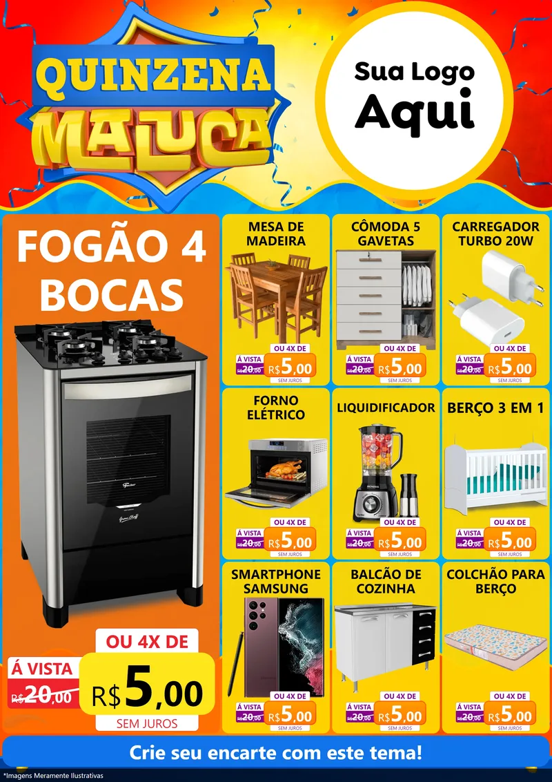 Modelo de Encarte para Encarte A4 Vertical com o tema Quinzena Maluca para Móveis e Eletro