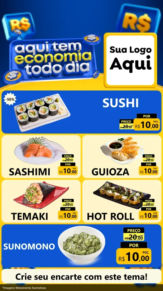 Modelo de TV para TV Vertical com o tema Aqui Tem Economia Todo Dia para Comida japonesa