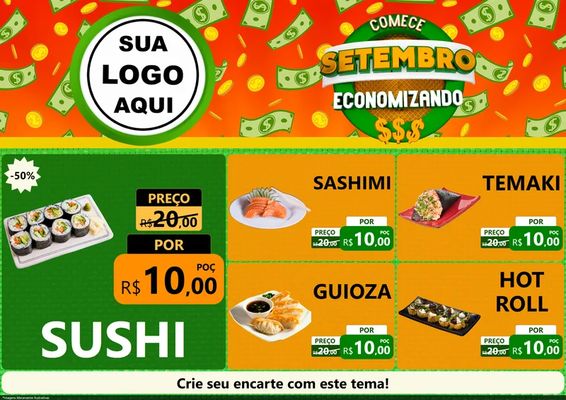 Modelo de Encarte para Encarte A4 Horizontal com o tema Comece Setembro Economizando para Comida japonesa