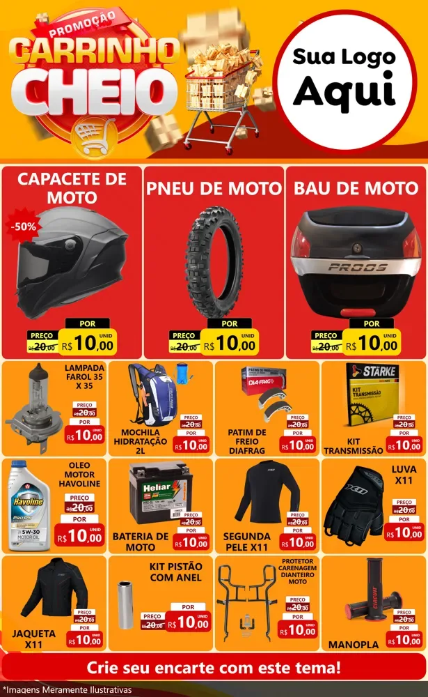 Modelo de Encarte para Encarte Grande com o tema Promoção carrinho cheio para Moto peças