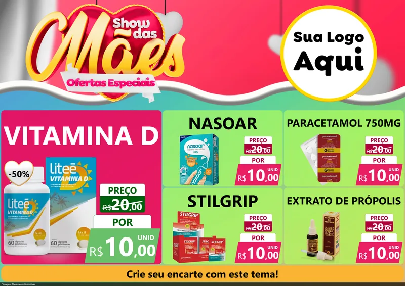 Modelo de Encarte para Encarte A4 Horizontal com o tema Show das Mães - Ofertas Especiais para Farmácia