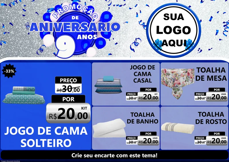 Modelo de Encarte para Encarte A4 Horizontal com o tema Promoção de Aniversário - 9 Anos para Cama, Mesa e Banho