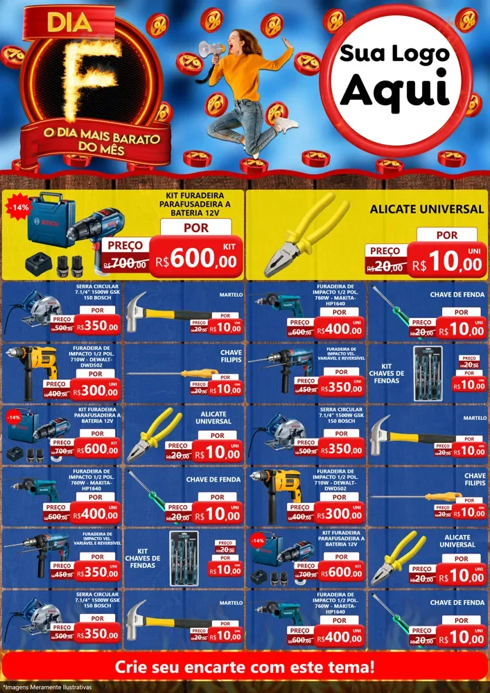 Modelo de Encarte para Encarte A4 Vertical com o tema Dia F - O Dia Mais Barato Do Mês para Maquinas e Ferramentas