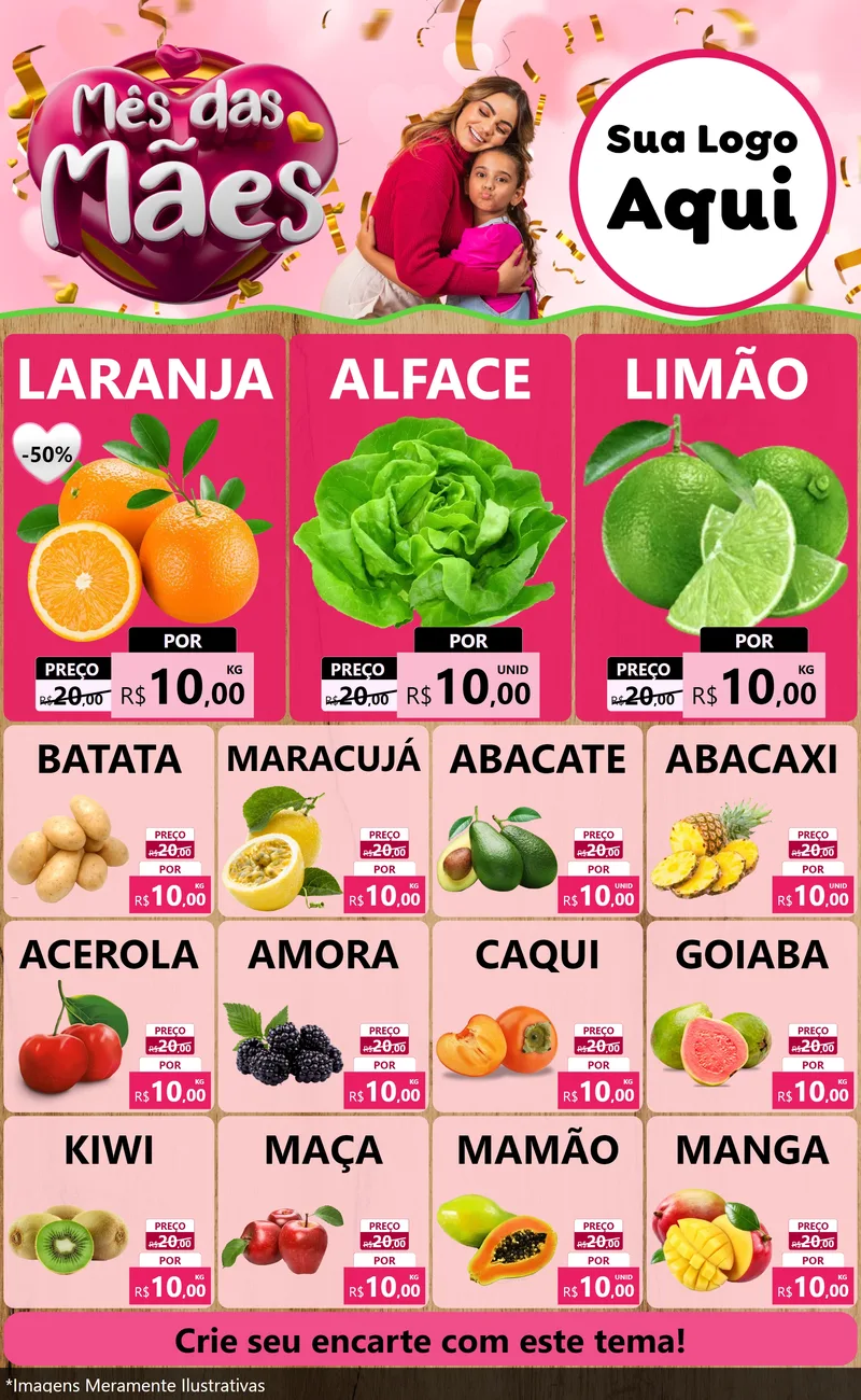Modelo de Encarte para Encarte Grande com o tema Mês das Mães para Hortifrúti