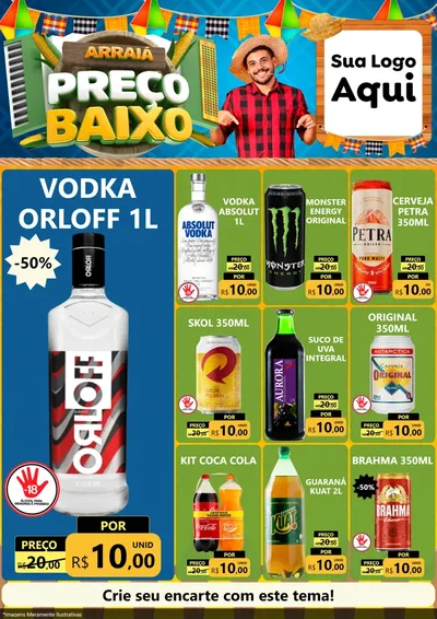 Modelo de Encarte para Encarte A4 Vertical com o tema Arraiá de Preço Baixo - Junina para Distribuidora de bebidas