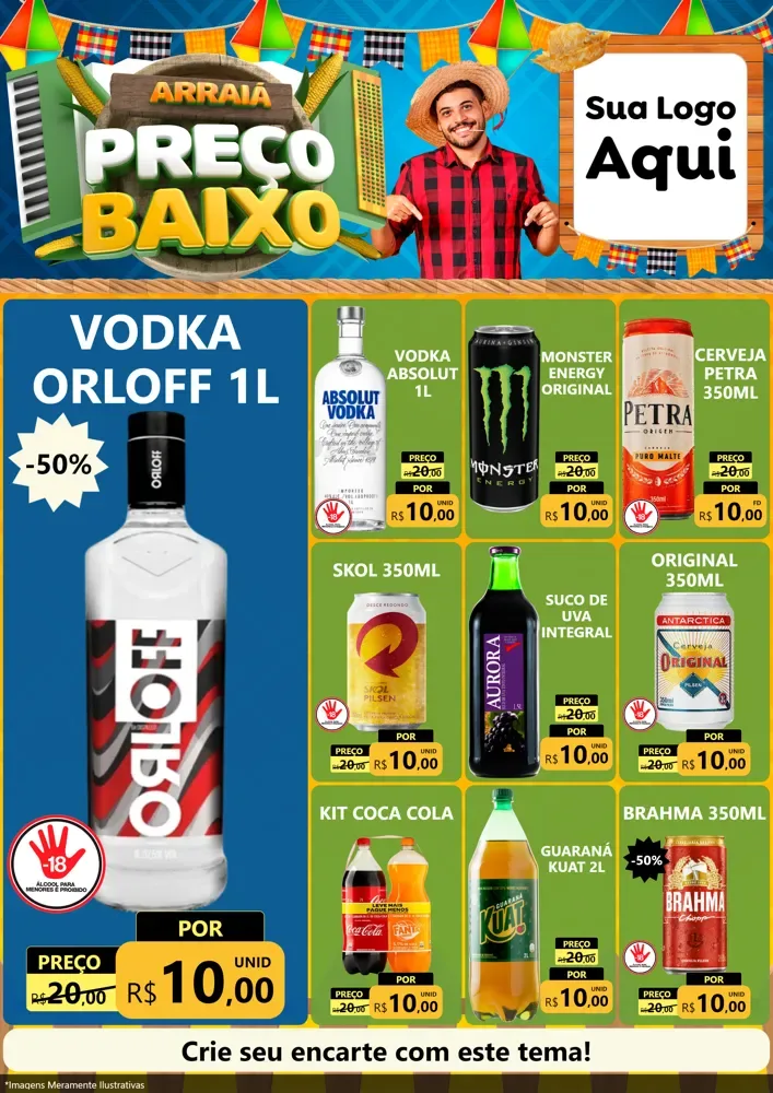 Modelo de Encarte para Encarte A4 Vertical com o tema Arraiá de Preço Baixo - Junina para Distribuidora de bebidas