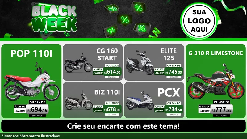 Modelo de TV para TV Horizontal com o tema Black Week para Concessionaria de Motos
