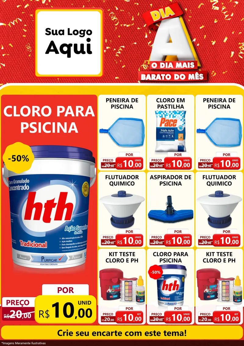Modelo de Encarte para Encarte A4 Vertical com o tema Dia A o Dia Mais Barato do Mês para Produtos para Piscina