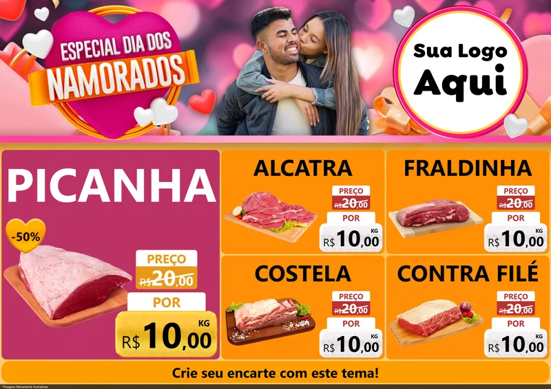Modelo de Encarte para Encarte A4 Horizontal com o tema Especial Dia dos Namorados para Açougue