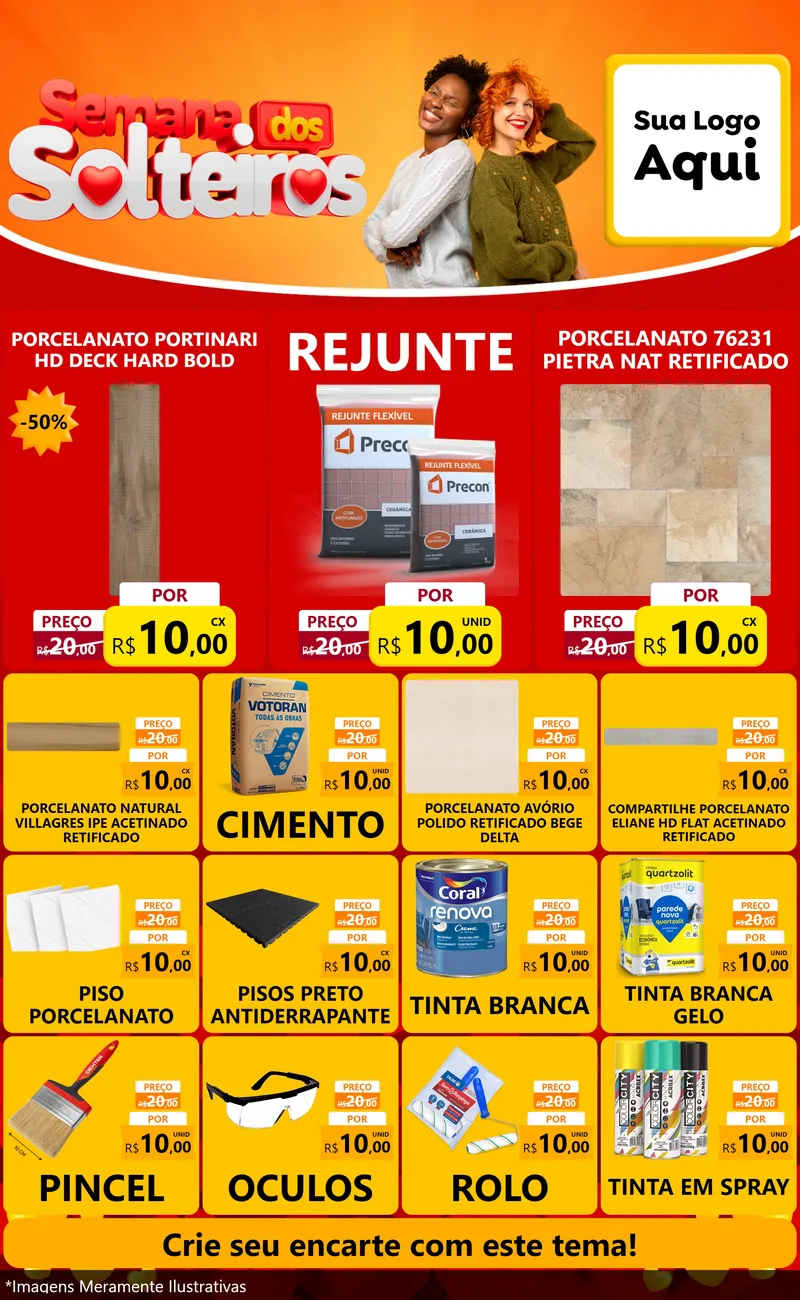 Modelo de Encarte para Encarte Grande com o tema Semana dos Solteiros para Pisos e revestimentos