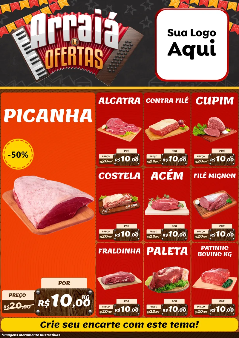 Modelo de Encarte para Encarte A4 Vertical com o tema Arraiá de Ofertas - Junina para Açougue