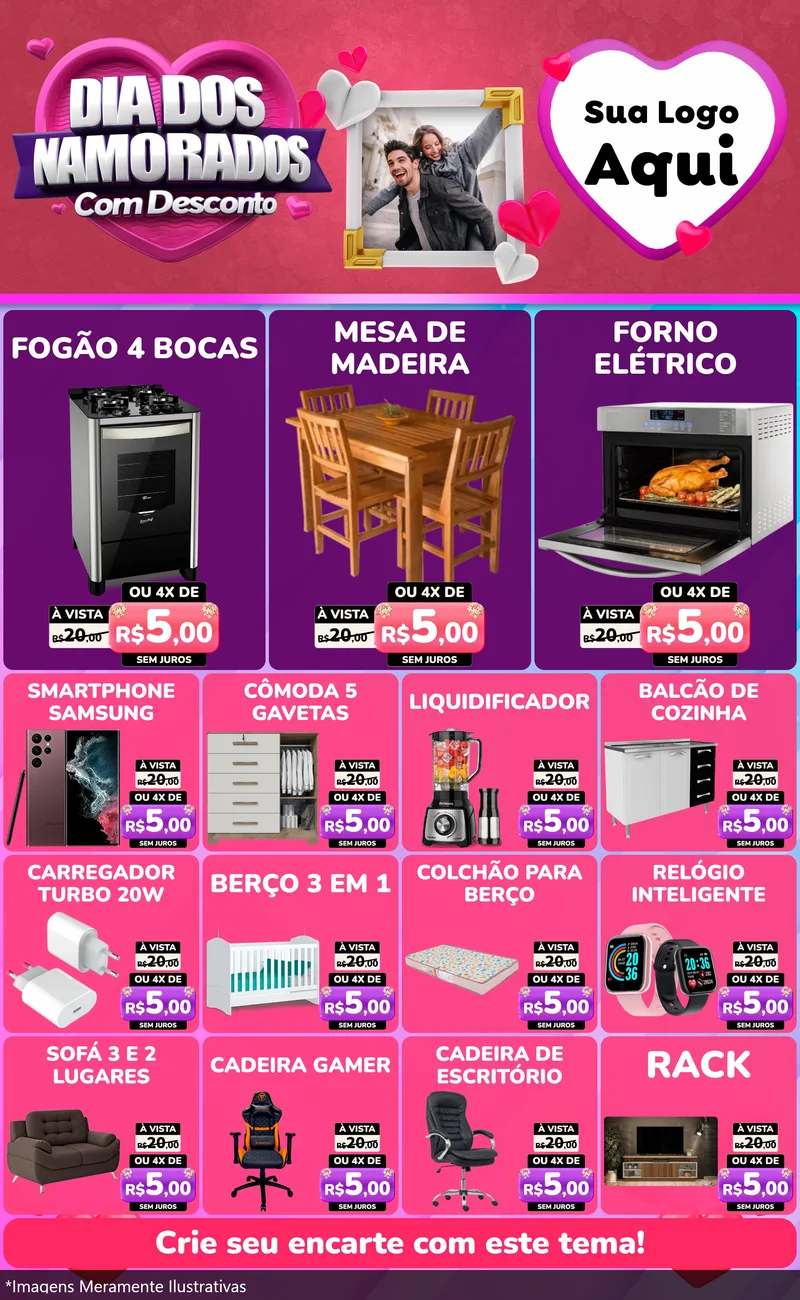 Modelo de Encarte para Encarte Grande com o tema Dia Dos Namorados Com Desconto para Móveis e Eletro