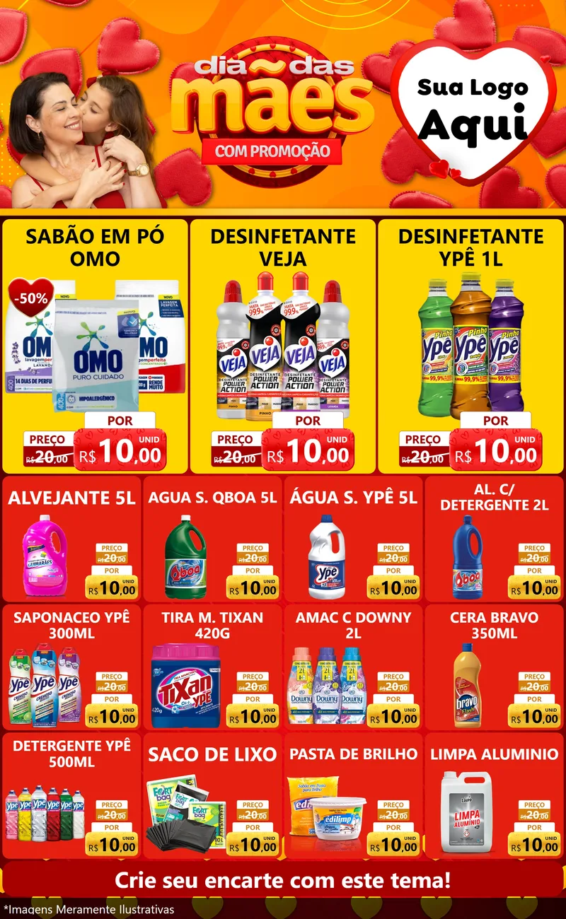 Modelo de Encarte para Encarte Grande com o tema Dia das Mães com Promoção para Produtos de Limpeza