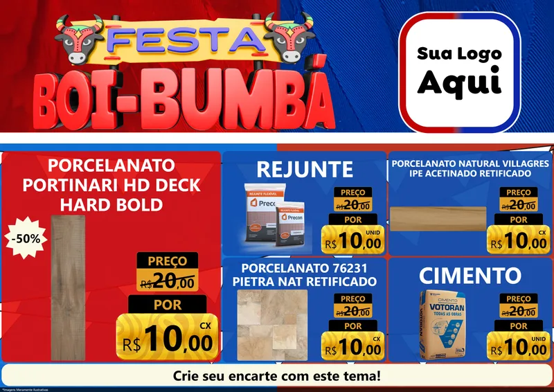 Modelo de Encarte para Encarte A4 Horizontal com o tema Festa Boi Bumbá para Pisos e revestimentos
