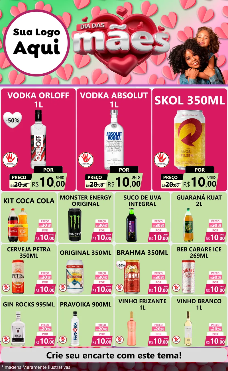 Modelo de Encarte para Encarte Grande com o tema Dia das Mães para Distribuidora de bebidas
