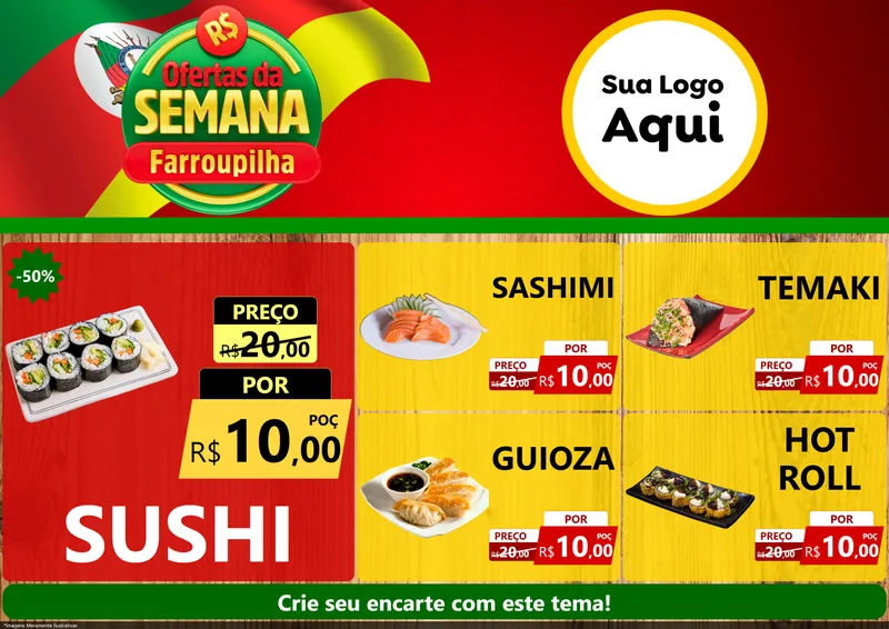 Modelo de Encarte para Encarte A4 Horizontal com o tema Ofertas da Semana Farroupilha para Comida japonesa