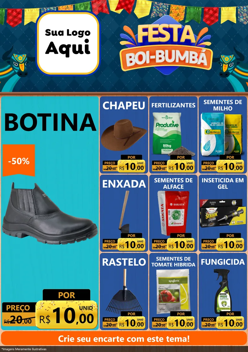 Modelo de Encarte para Encarte A4 Vertical com o tema Festa Boi Bumbá para Agropecuária