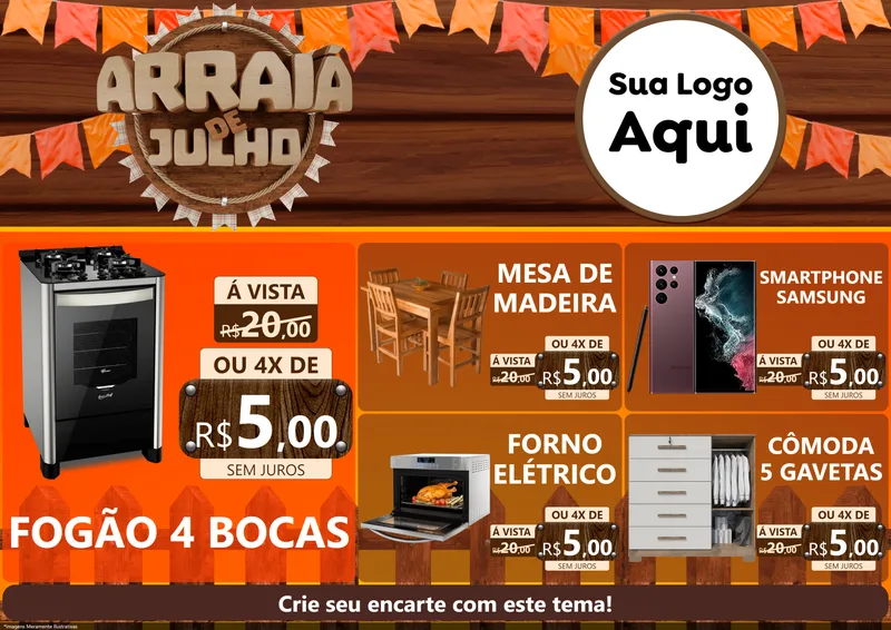 Modelo de Encarte para Encarte A4 Horizontal com o tema Arraiá de Julho - Junina para Móveis e Eletro