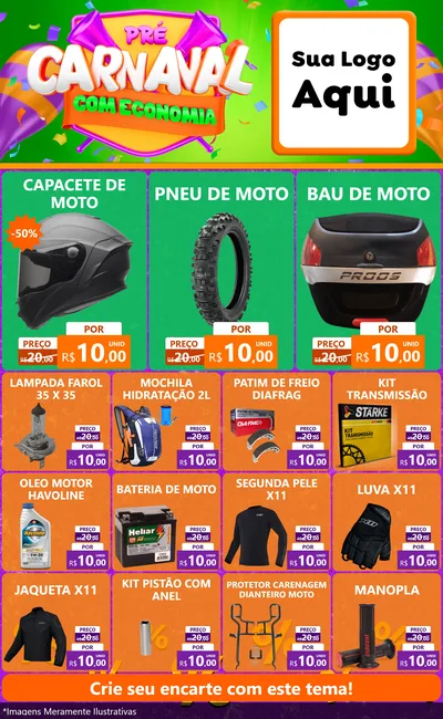 Modelo de Encarte para Encarte Grande com o tema Pré-Carnaval Com Economia para Moto peças