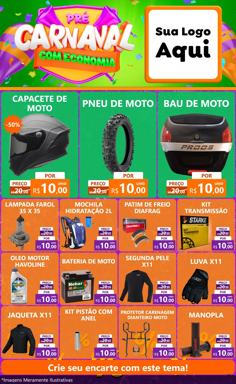 Modelo de Encarte para Encarte Grande com o tema Pré-Carnaval Com Economia para Moto peças