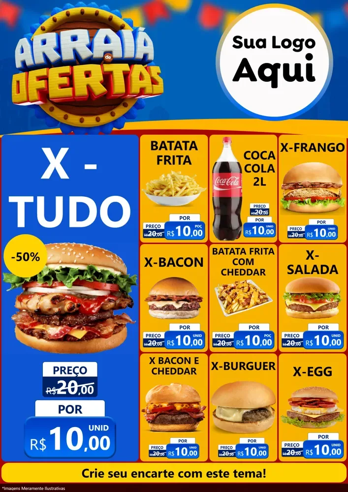 Modelo de Encarte para Encarte A4 Vertical com o tema Arraiá de Ofertas - Junina para Hamburgueria
