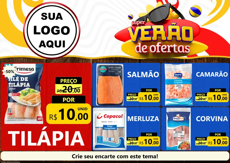 Modelo de Encarte para Encarte A4 Horizontal com o tema Super Verão de Ofertas para Peixaria