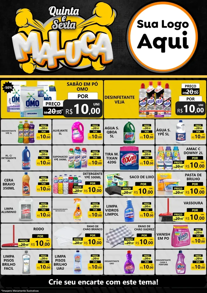 Modelo de Encarte para Encarte A4 Vertical com o tema Quinta e Sexta Maluca para Produtos de Limpeza