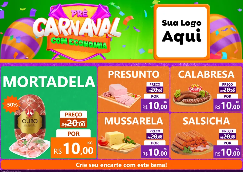 Modelo de Encarte para Encarte A4 Horizontal com o tema Pré-Carnaval Com Economia para Frios e Laticínios