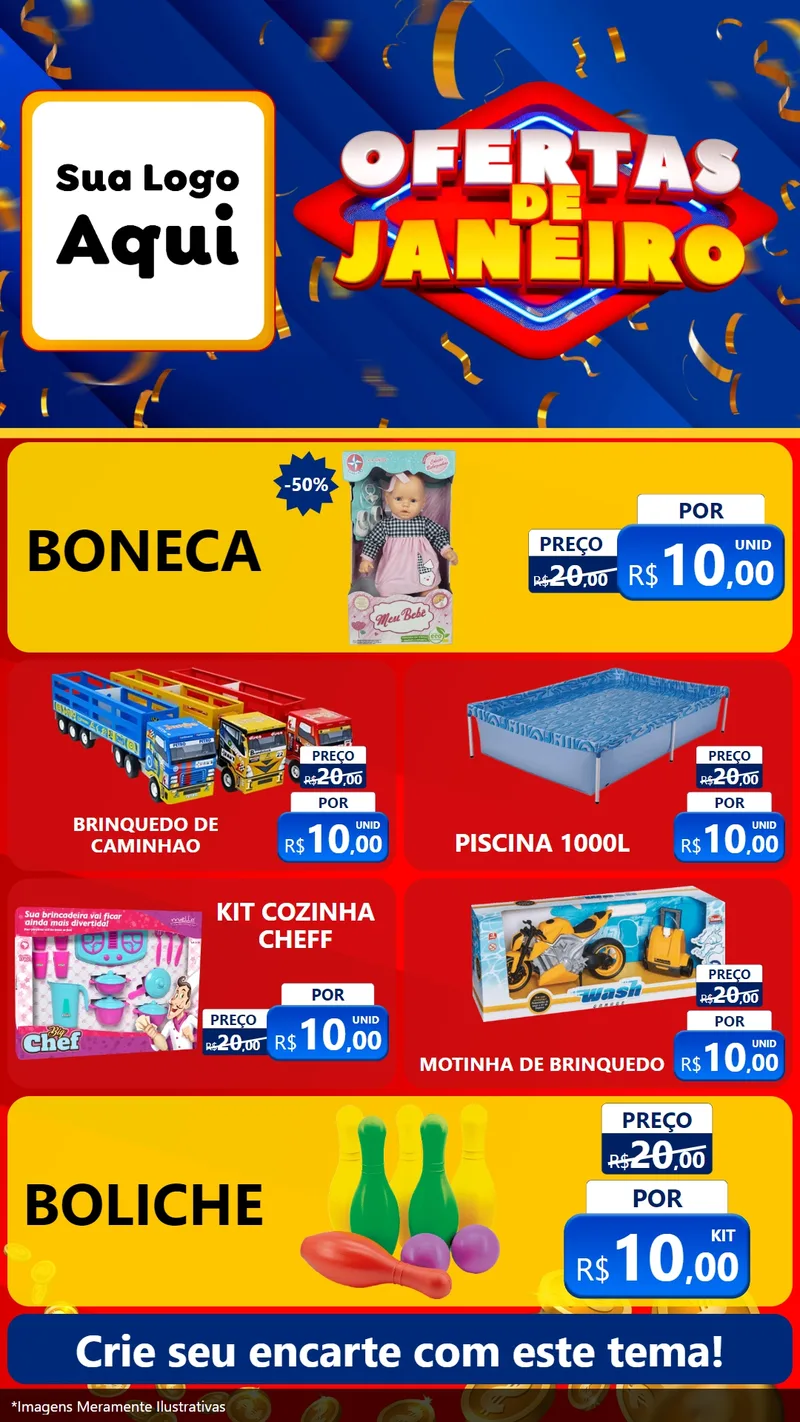 Modelo de TV para TV Vertical com o tema Ofertas de Janeiro para Brinquedos