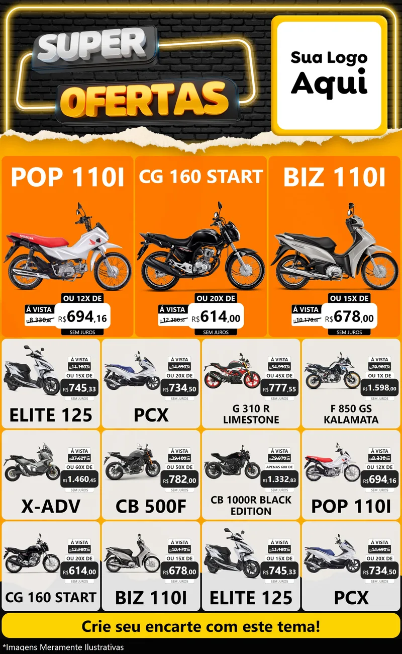 Modelo de Encarte para Encarte Grande com o tema Super Ofertas para Concessionaria de Motos