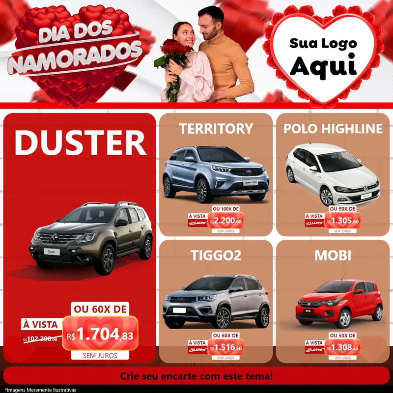 Modelo de Rede Social para Feed Facebook com o tema Dia dos Namorados para Concessionaria de Carros