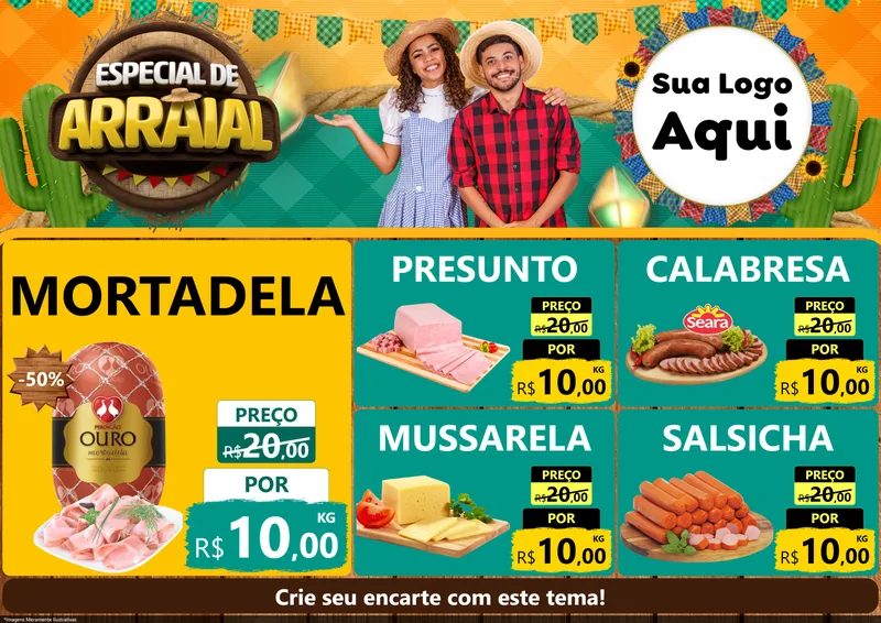 Modelo de Encarte para Encarte A4 Horizontal com o tema Especial De Arraial para Frios e Laticínios