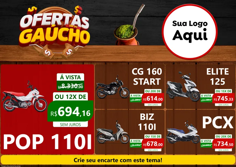 Modelo de Encarte para Encarte A4 Horizontal com o tema Ofertas Dia do Gaúcho para Concessionaria de Motos