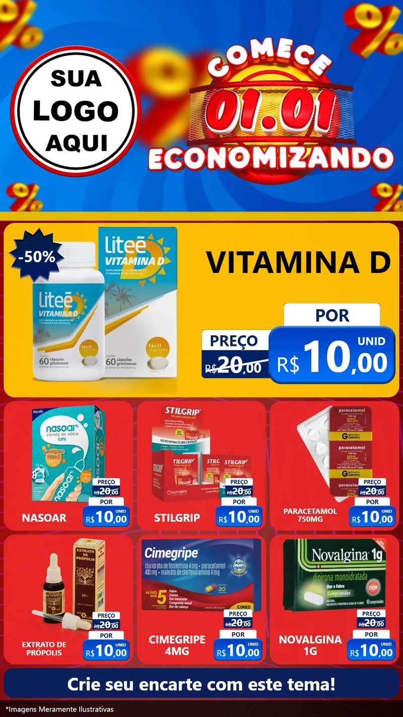 Modelo de Rede Social para Stories com o tema Comece 1º de Janeiro Economizando para Farmácia