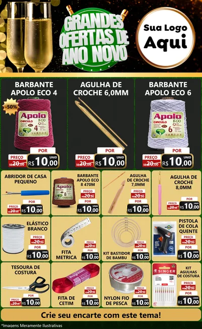 Modelo de Encarte para Encarte Grande com o tema Grandes Ofertas de Ano Novo para Armarinho e Aviamentos