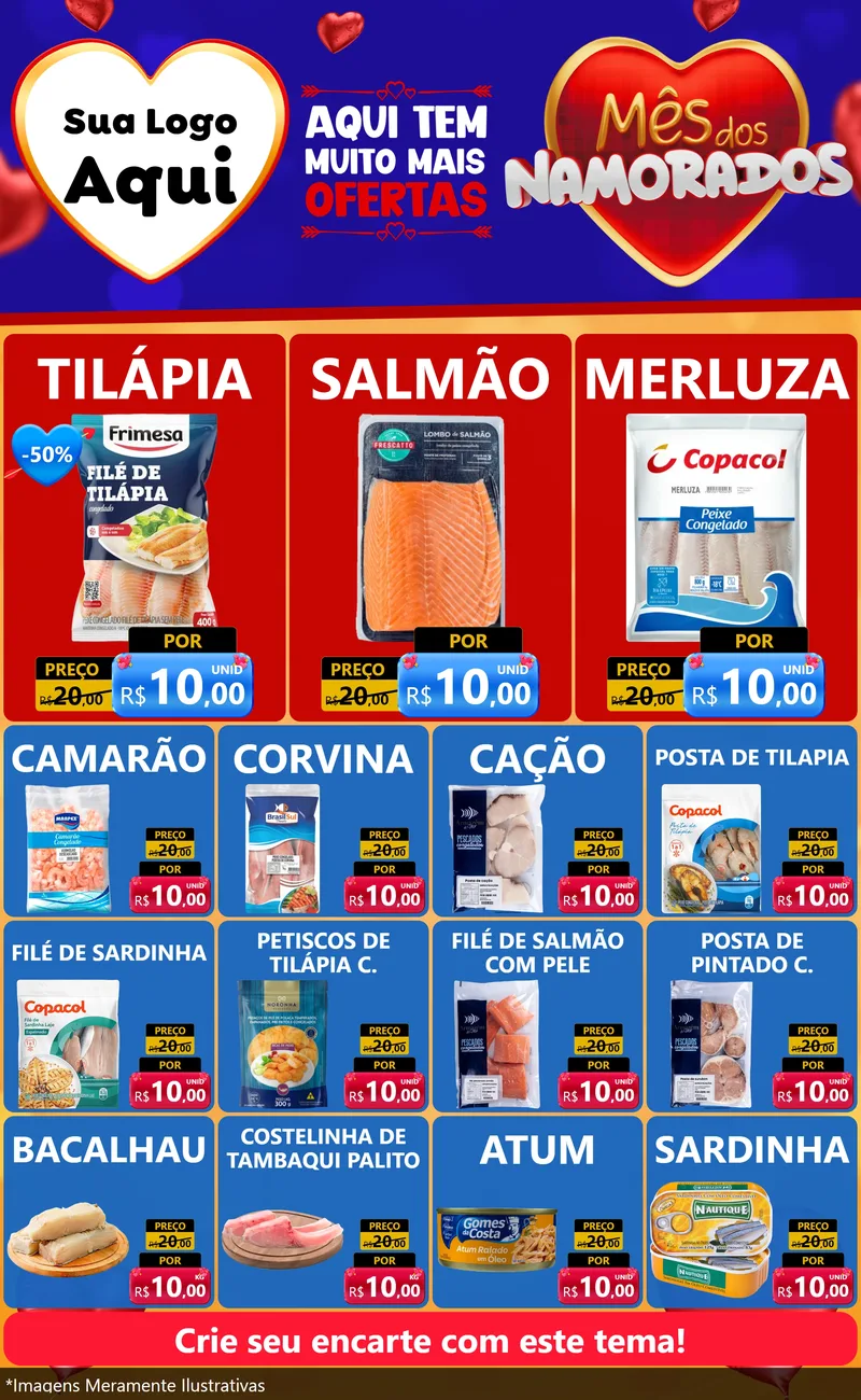 Modelo de Encarte para Encarte Grande com o tema Mês dos Namorados para Peixaria