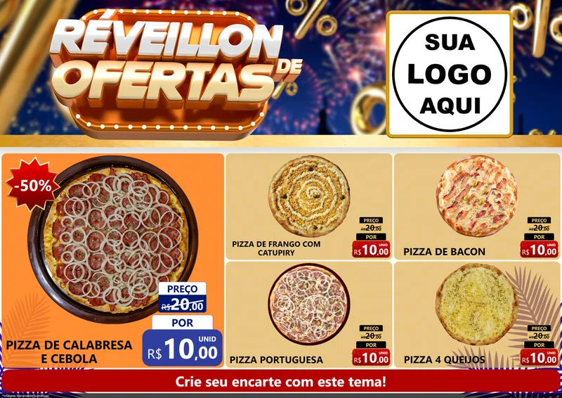 Modelo de Encarte para Encarte A4 Horizontal com o tema Réveillon de Ofertas para Pizzaria
