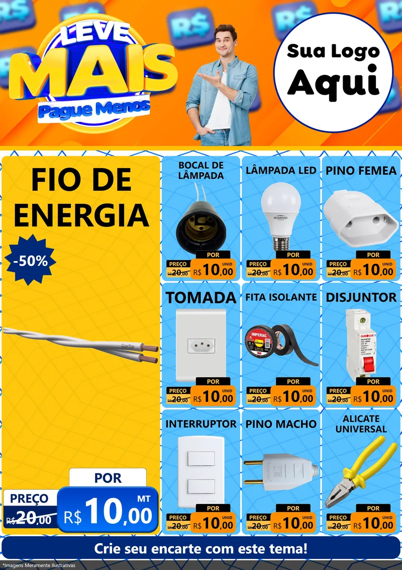 Modelo de Encarte para Encarte A4 Vertical com o tema Leve Mais, Pague Menos para Materiais Elétricos