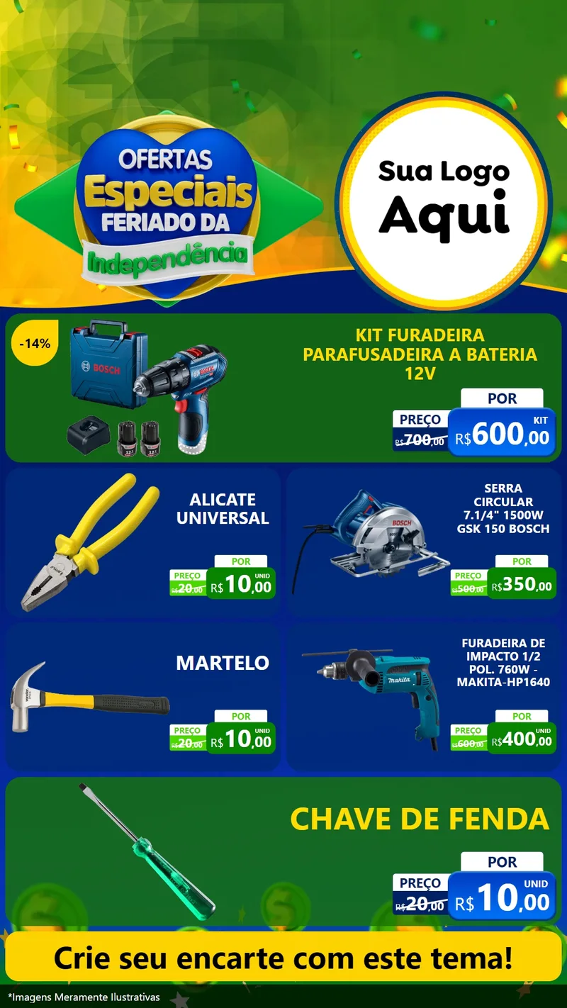 Modelo de TV para TV Vertical com o tema Ofertas Especiais Feriado da Independência para Maquinas e Ferramentas