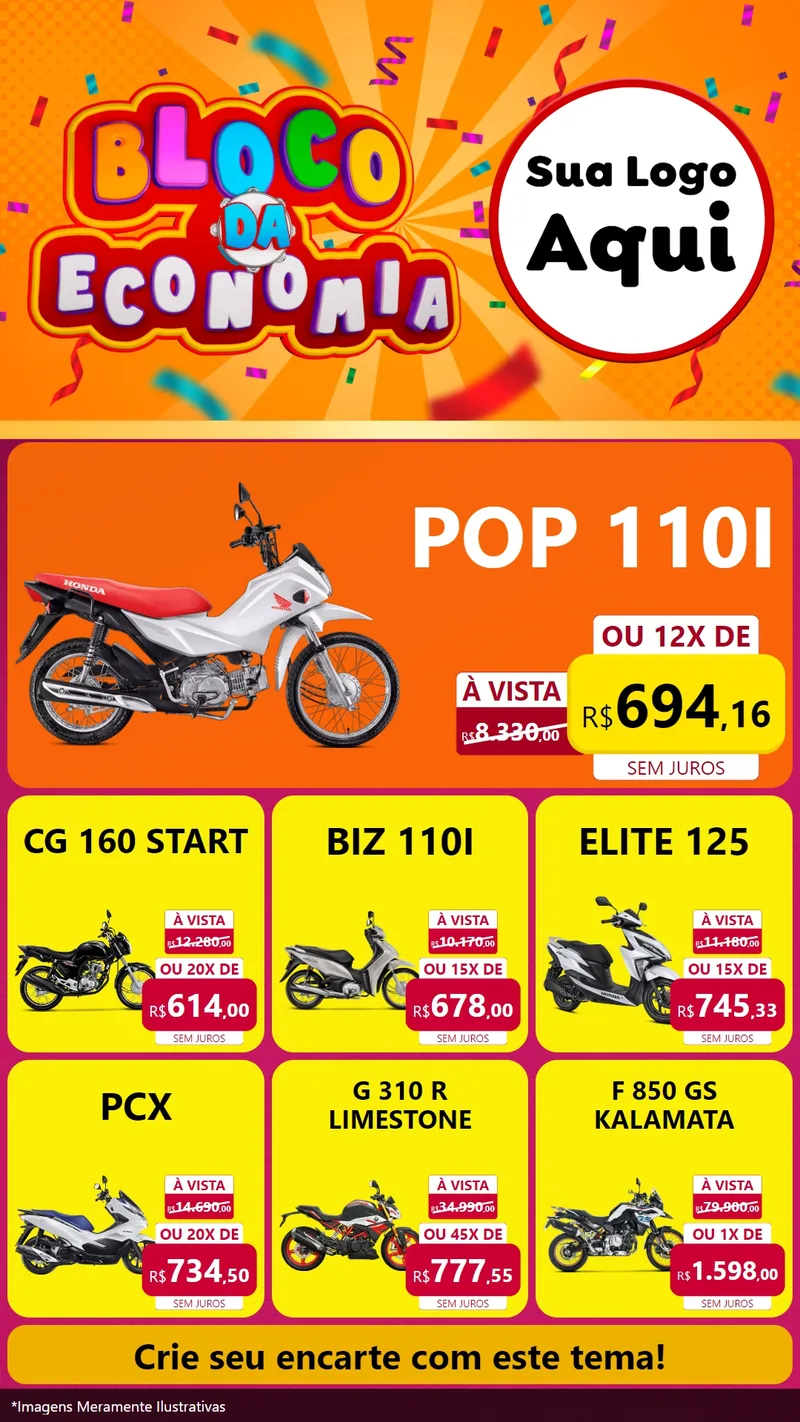 Modelo de Rede Social para Stories com o tema Bloco da Economia para Concessionaria de Motos