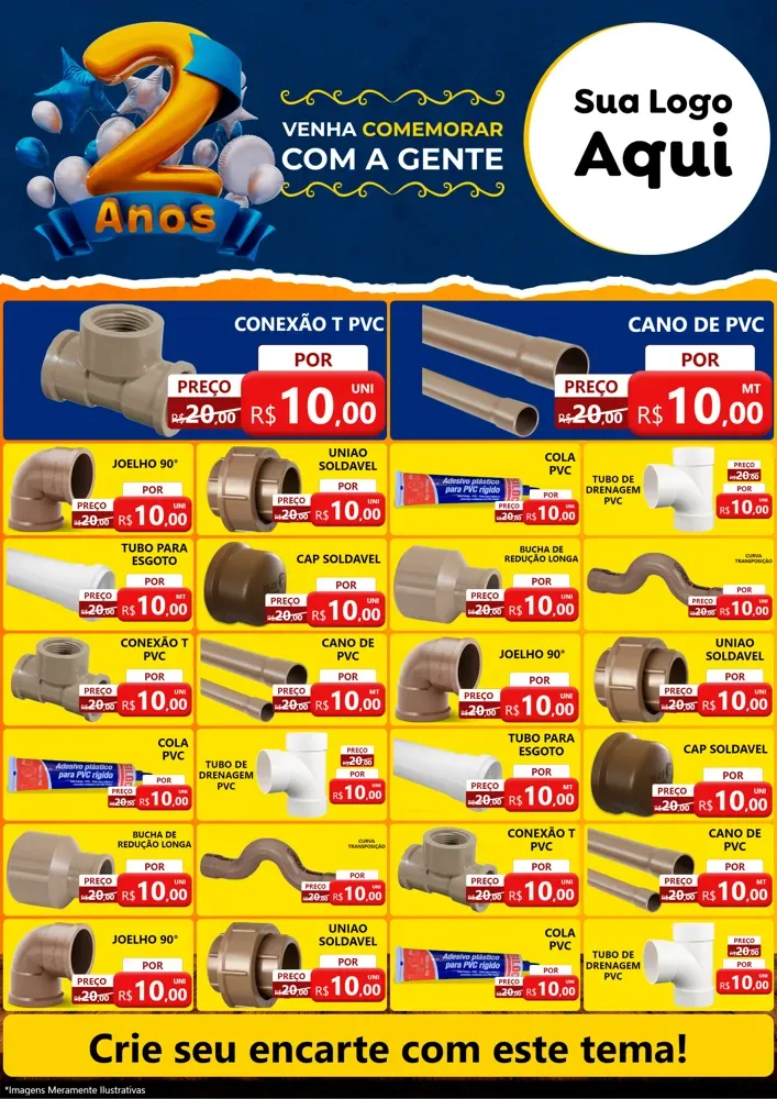 Modelo de Encarte para Encarte A4 Vertical com o tema Aniversário de 2 anos para Tubos e conexões