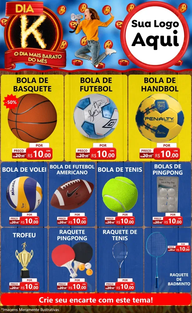 Modelo de Encarte para Encarte Grande com o tema Dia K - O Dia Mais Barato Do Mês para Artigos Esportivos