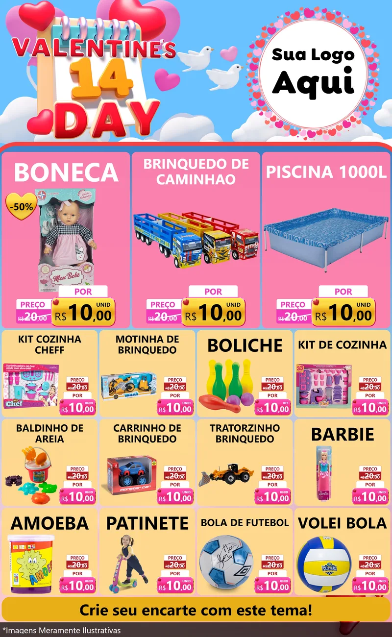 Modelo de Encarte para Encarte Grande com o tema Valentine's Day para Brinquedos