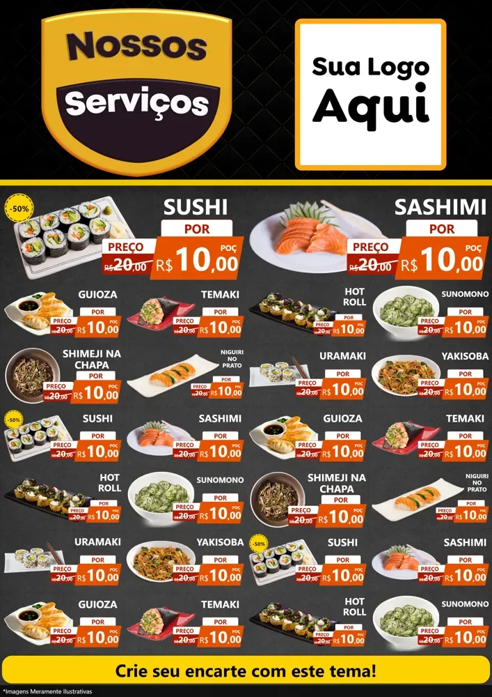 Modelo de Encarte para Encarte A4 Vertical com o tema Nossos Serviços para Comida japonesa