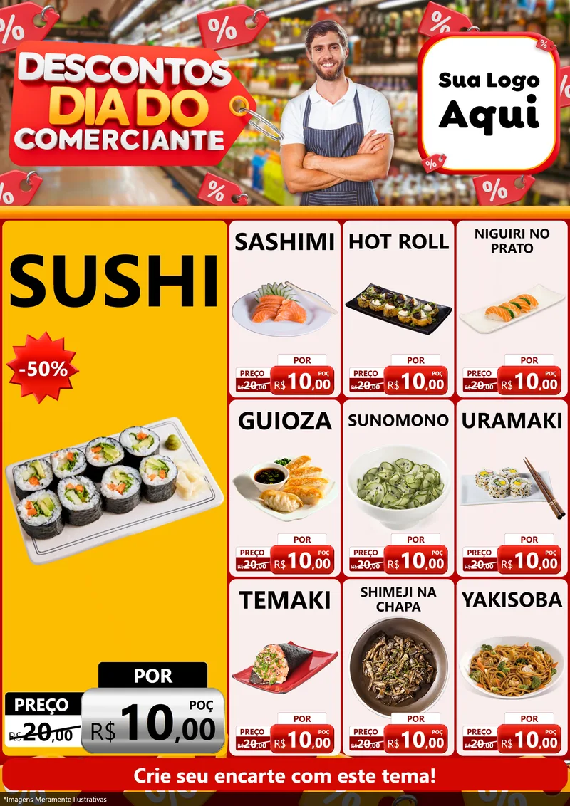 Modelo de Encarte para Encarte A4 Vertical com o tema Descontos Dia do Comerciante para Comida japonesa